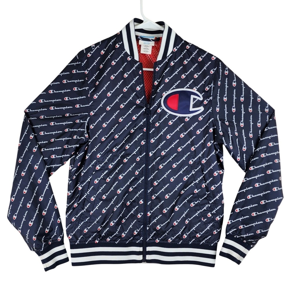 VTG Champion Script Logo Windbreaker Jacket Mens S Navy Blue Varsity Streetwear